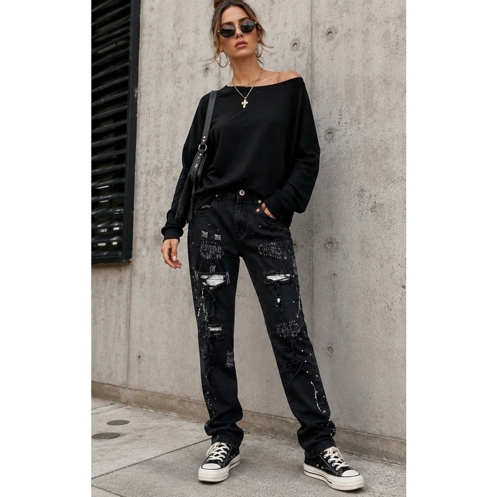 Evolution In Design Distressed Jeans Boys 18 Black Excellent Paint Splatter Edgy